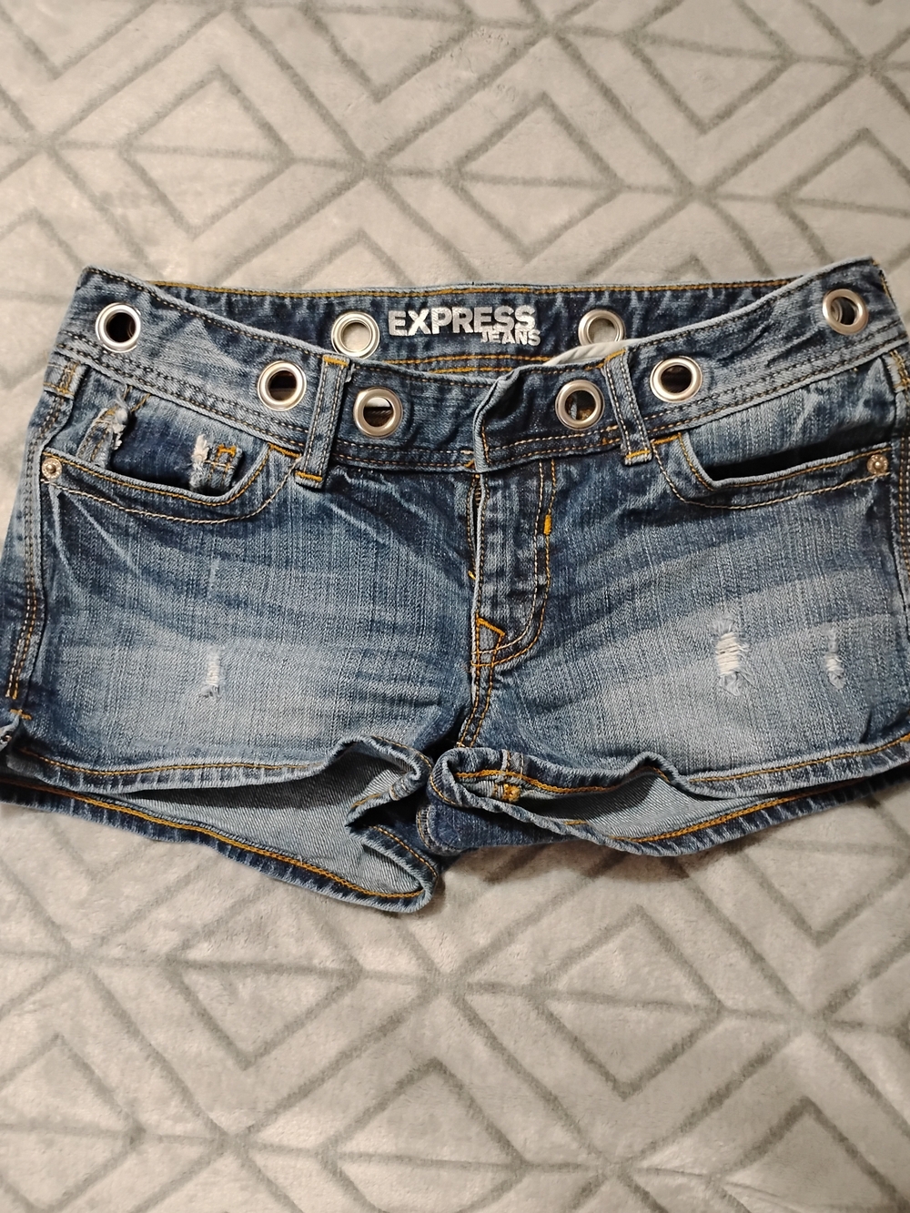 Express Blue Distressed Denim Shorts with Grommet Waist